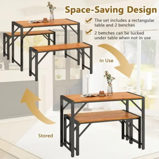 Tangkula 3 PCS Dining Set for 4 People Outdoor Picnic Table & 2 Benches w/ Metal Frame image {5}