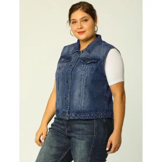 Agnes Orinda Women's Plus Size Buttons with Two Chest Flap Pockets Denim Vests image {3}
