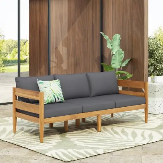Christopher Knight Home Frode Outdoor 76" Rustic Upholstered 3-Seater Sofa with Slat Paneling image {8}