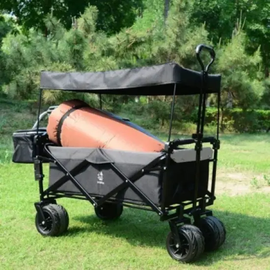 FURNIinspire Outdoor Serving Carts Collapsible Wagon Foldable with Removable Canopy Wheels for All-Terrain Brake for Camping, Black, 35.4"*19.7"*44.5" image {1}