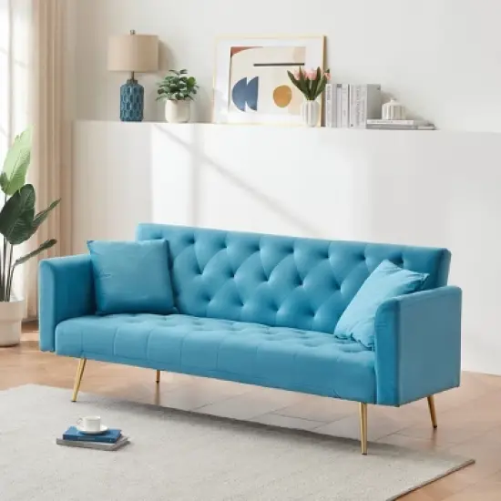 71 inch convertible love seat sofa, American retro, light blue Polyester, suitable for small living room, bedroom, office image {1}
