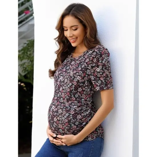 Coolmee Women Summer Maternity Shirts Puff Short Sleeve Floral Print Round Neck Tunic Top Casual Pregnancy Clothes image {5}