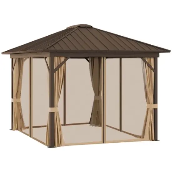 Outsunny 11.9" x 9.8" Hardtop Gazebo with Curtains and Netting, Permanent Pavilion Metal Roof Gazebo Canopy with Aluminum Frame and Top Hook, Brown image {4}