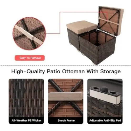 FIONECA All-Weather Outdoor Ottoman with Storage &uml;C PE Wicker Patio Footstool, Beige image {6}