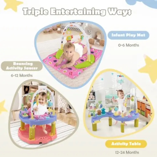 Safstar Baby Activity Center, 3-Stage Bouncing Activity Saucer & Playtime Mat & Activity Table, 3 Adjustable Heights for Infants & Toddlers, Pink image {4}