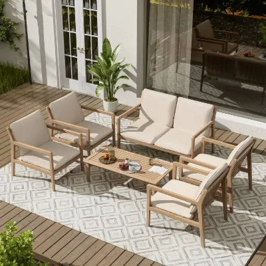 Christopher Knight Home Vanda Patio 6 Pieces Acacia Wood Open Slat Seating Set with Cushions image {1}
