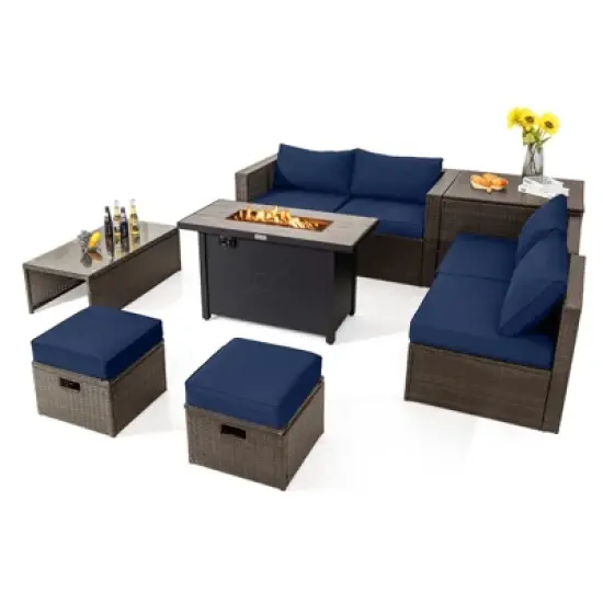 Tangkula 9 Pieces Outdoor Patio Furniture Set with 42" Propane Fire Pit Table Outdoor PE Wicker Space-Saving Sectional Sofa Set Black/Gray/Navy/Red/Turquoise/Off White image {12}