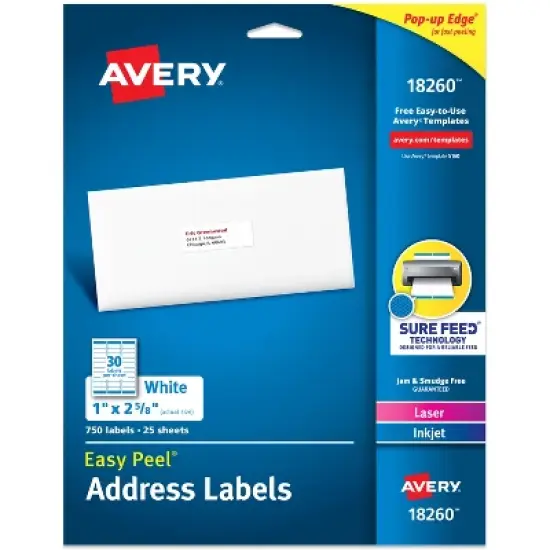 Avery Address Labels, 1" x 2-5/8", White, 750 Labels (18260) image {9}