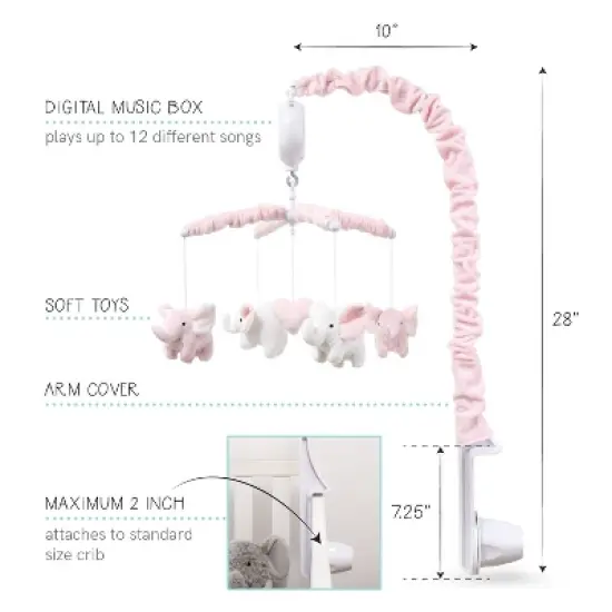The Peanutshell Pink Elephant Musical Baby Crib Mobile for Girls image {3}