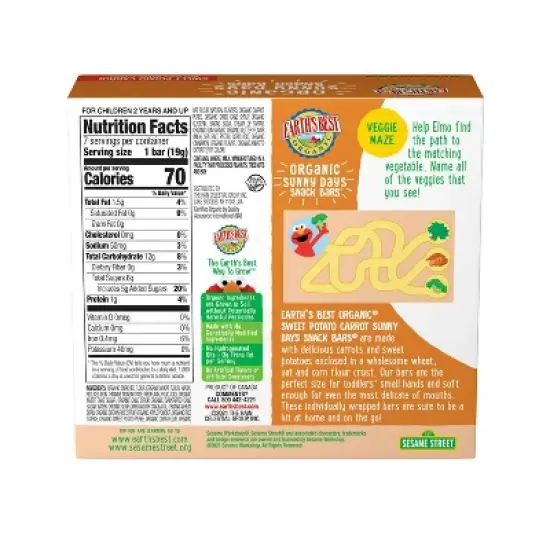 Earth's Best Organic Sweet Potato Carrot Toddler Snack Bars Sesame Street Sunny Days - 7ct image {1}