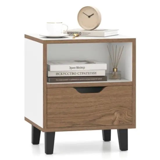 Tangkula Nightstand Mid Century Modern Bedside Table w/ Drawer Open storage Shelf image {6}