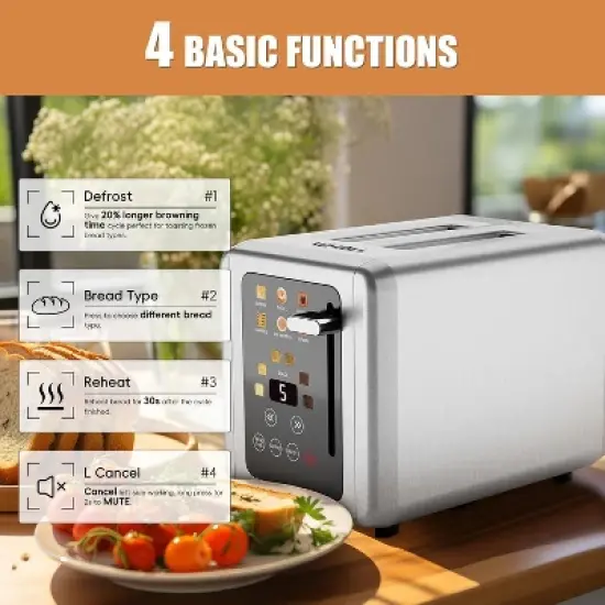 WHALL 2 Slice Toaster, Toasters 2 slice, Smart Bread Toaster, Touchscreen Toaster with wide slots, Stainless Steel Toaster,Bagel Toaster image {2}