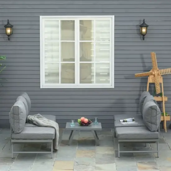 Outsunny 3-Piece Patio Couch Furniture Set with 2 Convertible Sofas, 1 Coffee Table, & Weather-Fighting Cushions, Gray image {1}