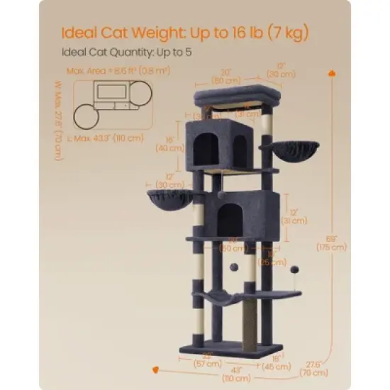 Feandrea Cat Tree, 69-Inch Tall Cat Tower for Indoor Cats, Multi-Level Cat Condo with 2 Caves, 2 Baskets, 5 Scratching Posts, Self-Groomer image {5}