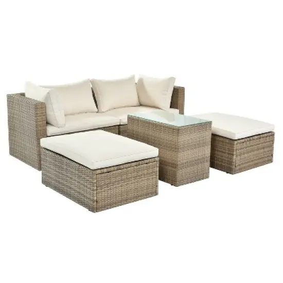 5pc Wicker Patio Seating Set with Cushions - Brown/Beige - GODEER image {7}