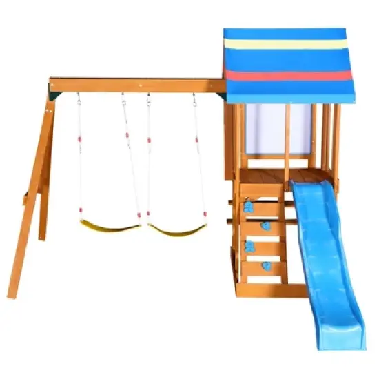 TopComfy Playground Swings 3 in 1 Wooden Swing Set with Slide and Climber for Backyard Play, Blue, 131.1"*94.5"*96.4" image {5}