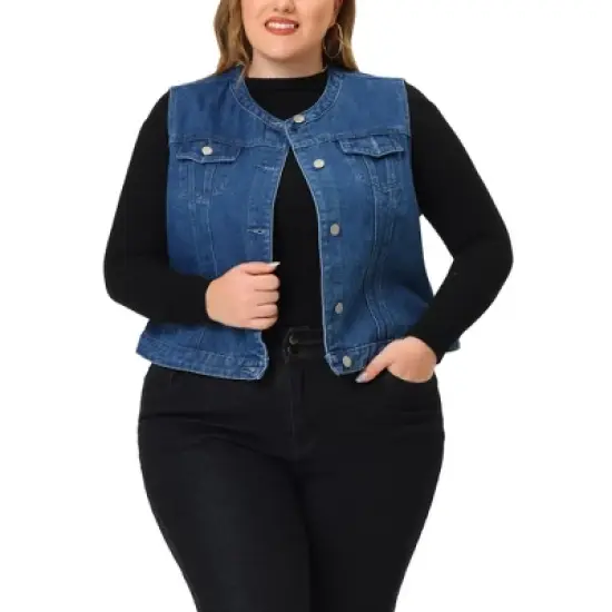 Agnes Orinda Plus Size Denim Vest for Women Button Down Collarless Jean Vest image {5}