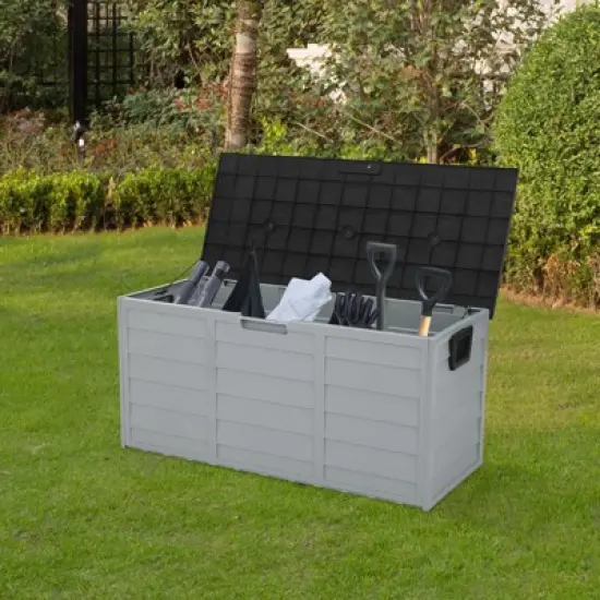 DSVIMOY 75gal Lockable Outdoor Garden Plastic Storage Deck Box for Tools Cushions Toys, Grey & Black, 44"*19.3"*21.3" image {5}