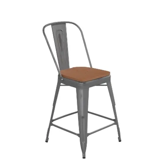 Emma and Oliver Clear Coated Metal Stool with Backrest and Polyresin Seat for Indoor Use Only image {14}