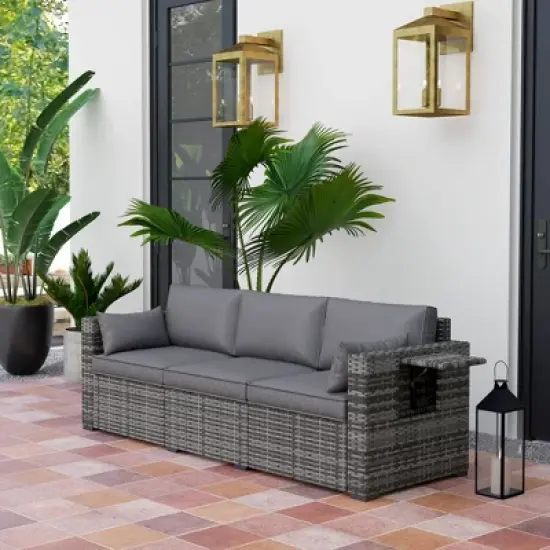 Outsunny 3 Seater Wicker Sofa with Side Trays, Rattan Outdoor Patio Couch with 6" Thick Back Cushions, Deep Seating for Porch, Garden, Mixed Gray image {2}