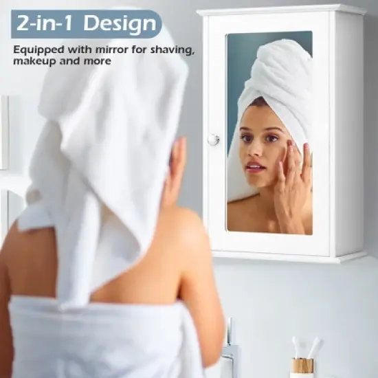 Costway Bathroom Wall Medicine Cabinet Single Mirror Door Cupboard Storage Wood Shelf White image {3}