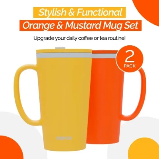 Copco Cone Desk Mug, 16 Ounce (Set of 2) - Double Wall Insulated Mug Set with Lid and Handle, Microwave & Dishwasher Safe, BPA-Free (Orange/Mustard) image {1}