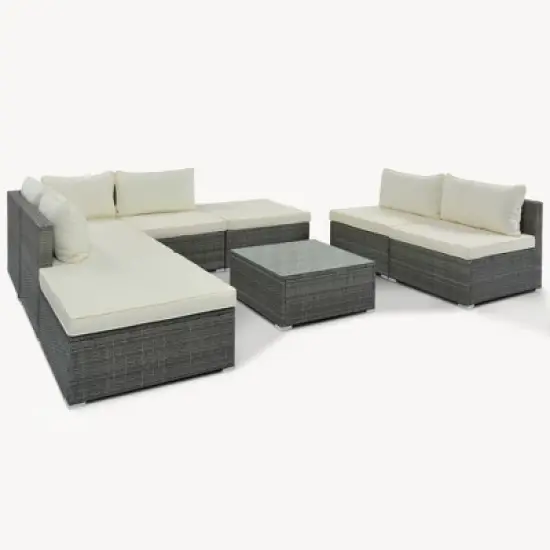 FIONECA 8-Piece Outdoor PE Wicker Patio Furniture Set, Modular Garden Sofa Set with Beige Cushions, Gray Rattan Conversation Set image {9}