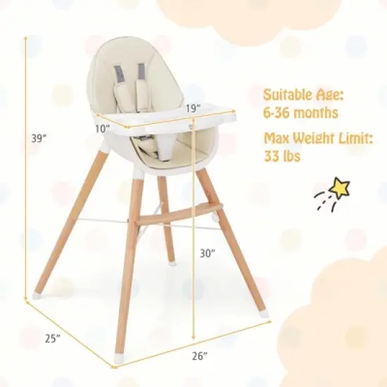 Babyjoy Baby High Chair Wooden Feeding Chair with 4-Gear Tray & Removable Cushion Beige/Grey image {7}
