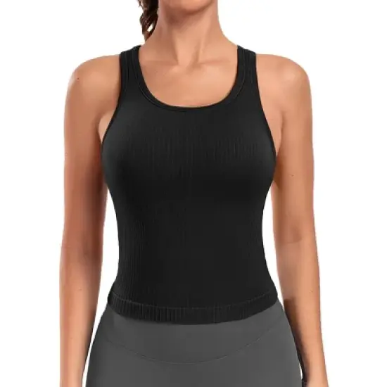 Attraco Women's Workout Tank Tops with Built in Bra Ribbed Seamless Yoga Tanks Tight Fit Sport Tops image {11}