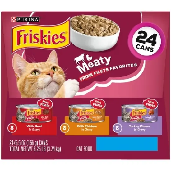 Purina Friskies Meaty Prime Filets Favorites with Chicken, Beef and Turkey Flavor Wet Cat Food - 5.5oz/24ct Variety Pack image {4}