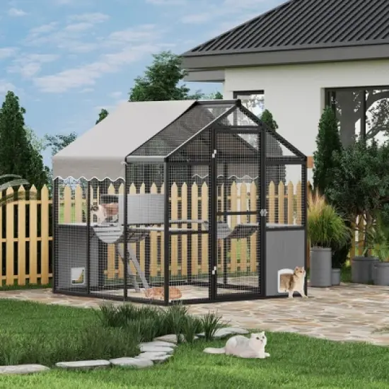 Extra Large Outdoor Catio - Weatherproof Aluminum Enclosure w/UV Roof, Side Door, Platforms & Walk-In Design for Multiple Cats image {10}