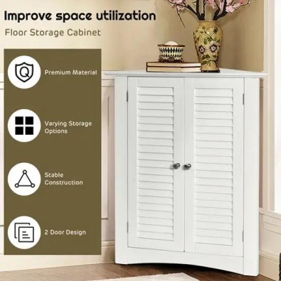 Costway Corner Storage Cabinet Freestanding Floor Cabinet Bathroom w/ Shutter Door White image {5}