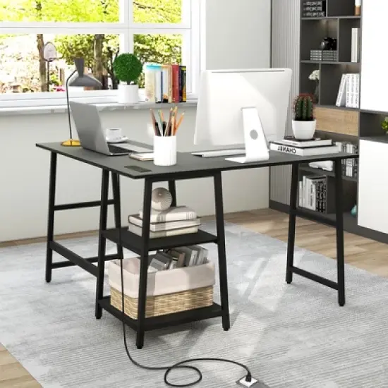 Costway L Shaped Corner Computer Desk Study Table w/Storage Shelves Black/Rustic Brown image {4}