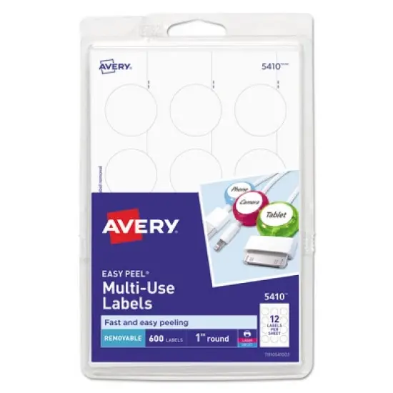 Avery Removable Multi-Use Labels, Inkjet/Laser Printers, 1" dia, White, 12/Sheet, 50 Sheets/Pack, (5410) image {5}