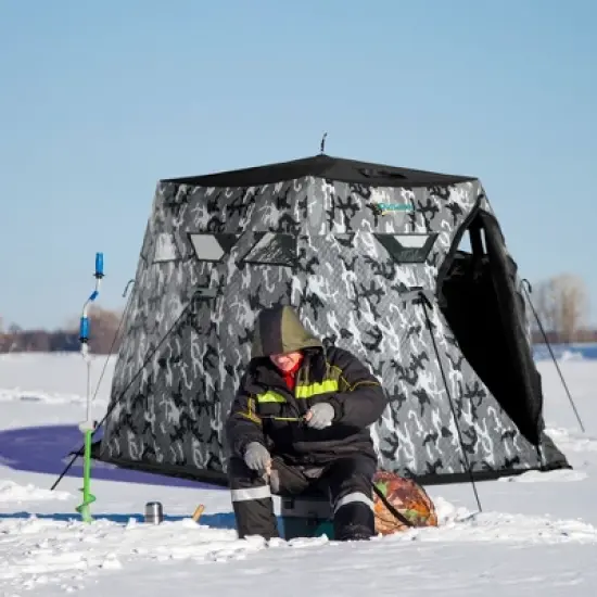 Outsunny 4 Person Insulated Ice Fishing Shelter 360-Degree View, Pop-Up Portable Ice Fishing Tent with Carry Bag, Two Doors and Anchors, Camouflage image {2}