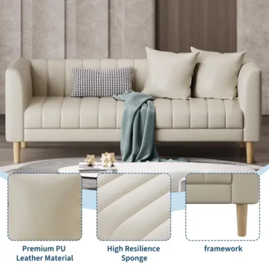 Faux Leather Sofa Couch, Modern 78" W Sofa with Deep Seats, 3 Seater Sofa Couch with 2 Throw Pillows and Wood Legs image {5}