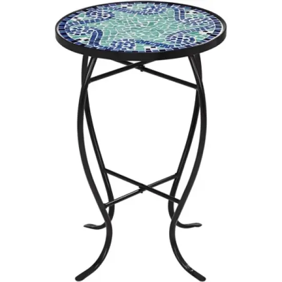 Teal Island Designs Black Round Outdoor Accent Side Tables 14" Wide Set of 2 Blue Wave Mosaic Tabletop Front Porch Patio Home House image {3}