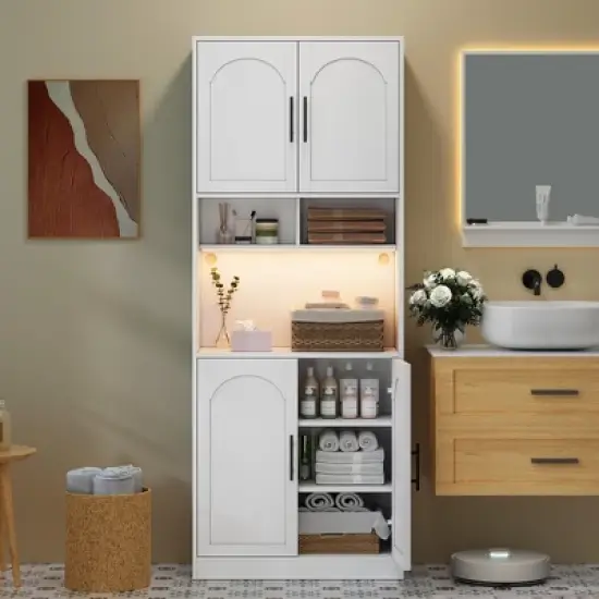 Garvee Kitchen Pantry Cabinet with RGB Light, Tall Kitchen Hutch Bar Cabinet with Microwave Stand, Wood Storage Cabinet for Dining Room, White image {3}