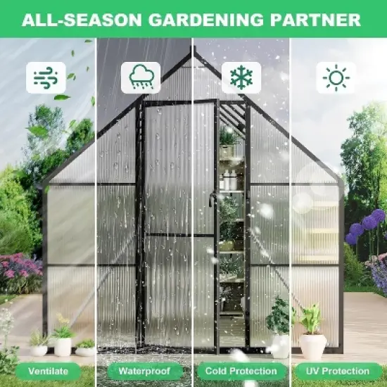 8x10ft Aluminum Greenhouse Kit with Polycarbonate Panels - Quick Assembly, Adjustable Roof Vent & All-Weather Protection image {3}