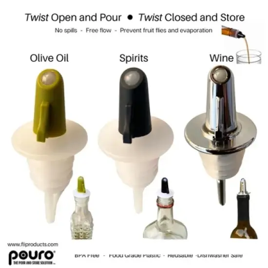 Pouro Oil & Vinegar, Spirits, Liquor, Wine Bottle Pourer Spout,Twist to Open and Pour, Twist to Close and Store Green image {7}