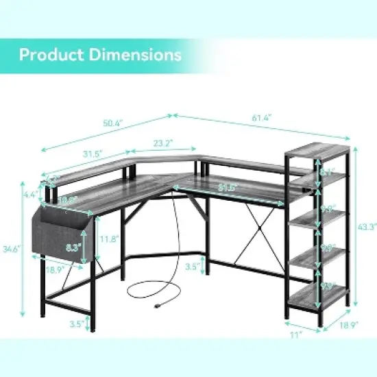 L Shaped Gaming Desk with Power Outlet & Led Lights, L-Shaped Corner Computer Desks Gaming Desk with 5 Shelves and Storage Bag, Pc Table Gray image {2}