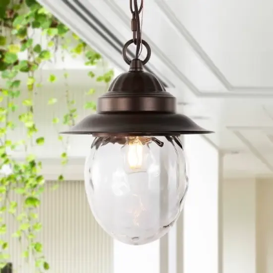 8.25" 1-Light Manteo Farmhouse Industrial Iron/Glass Outdoor LED Pendant Oil Rubbed Bronze/Clear - JONATHAN Y image {1}