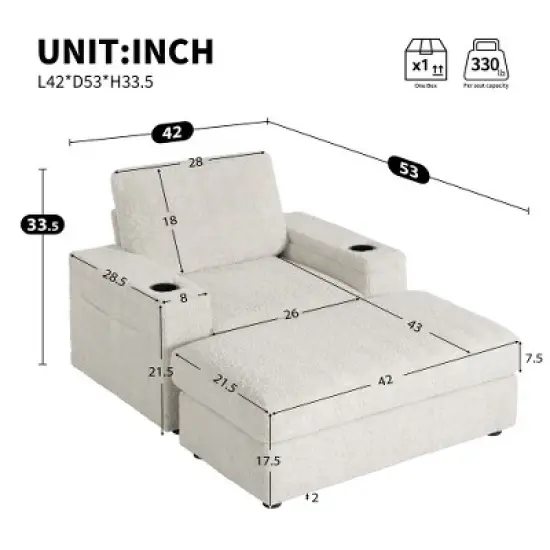 Whisen Oversized Faux Rabbit Fur Chaise Lounge with Storage Ottoman and Armrests, Upholstered Sleeper Sofa Bed with Cup Holders image {12}