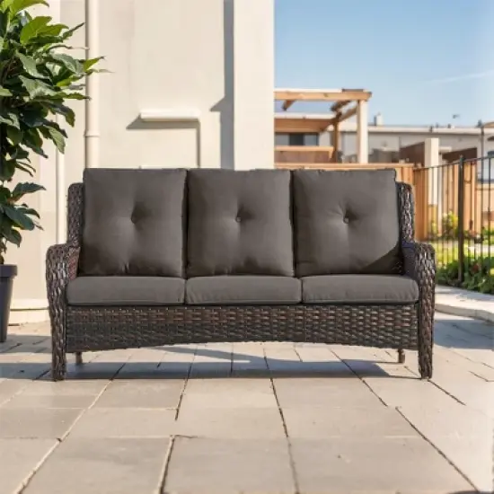 POCASSY 74" Wide Outdoor Wicker Patio Sofa with Cushions, All Weather Wicker Furniture Sofa 3 Seater Couch for Porch, Deck, Balcony image {11}