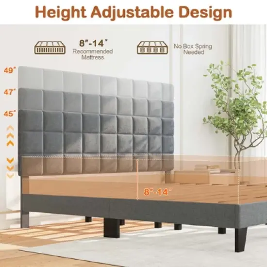 Costway Full/Queen/King Size Bed Frame Modern Linen Fabric Upholstered Platform Bed with Headboard image {9}
