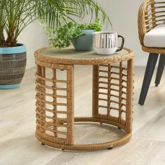 Boho Rattan Side Table with Tempered Glass Top,Round Accent Table for Living Room,Entryway or Sofa-Maison Boucle image {2}