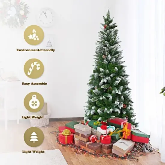 Costway 6ft Snow Flocked Unlit Pencil Christmas Tree Hinged Pine Cones image {6}
