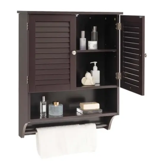 Costway Bathroom Wall Mounted Medicine Cabinet with Louvered Doors & Towel Bar Espresso/Grey/White image {10}