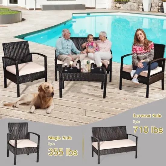 Costway 4PCS Patio Rattan Conversation Furniture Set Cushioned Seat Glass Table image {7}