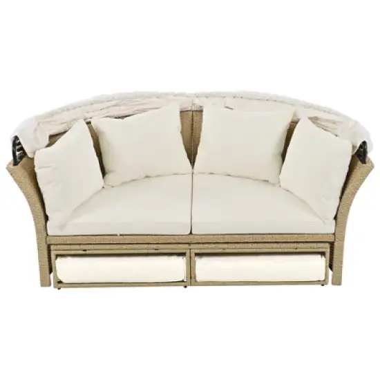 Outdoor Wicker Rattan Daybed with Storage & Retractable Canopy &ndash; Round Double Sofa Set, Includes 4 Pillows for Patio, Garden, Poolside-- Frevyn image {8}